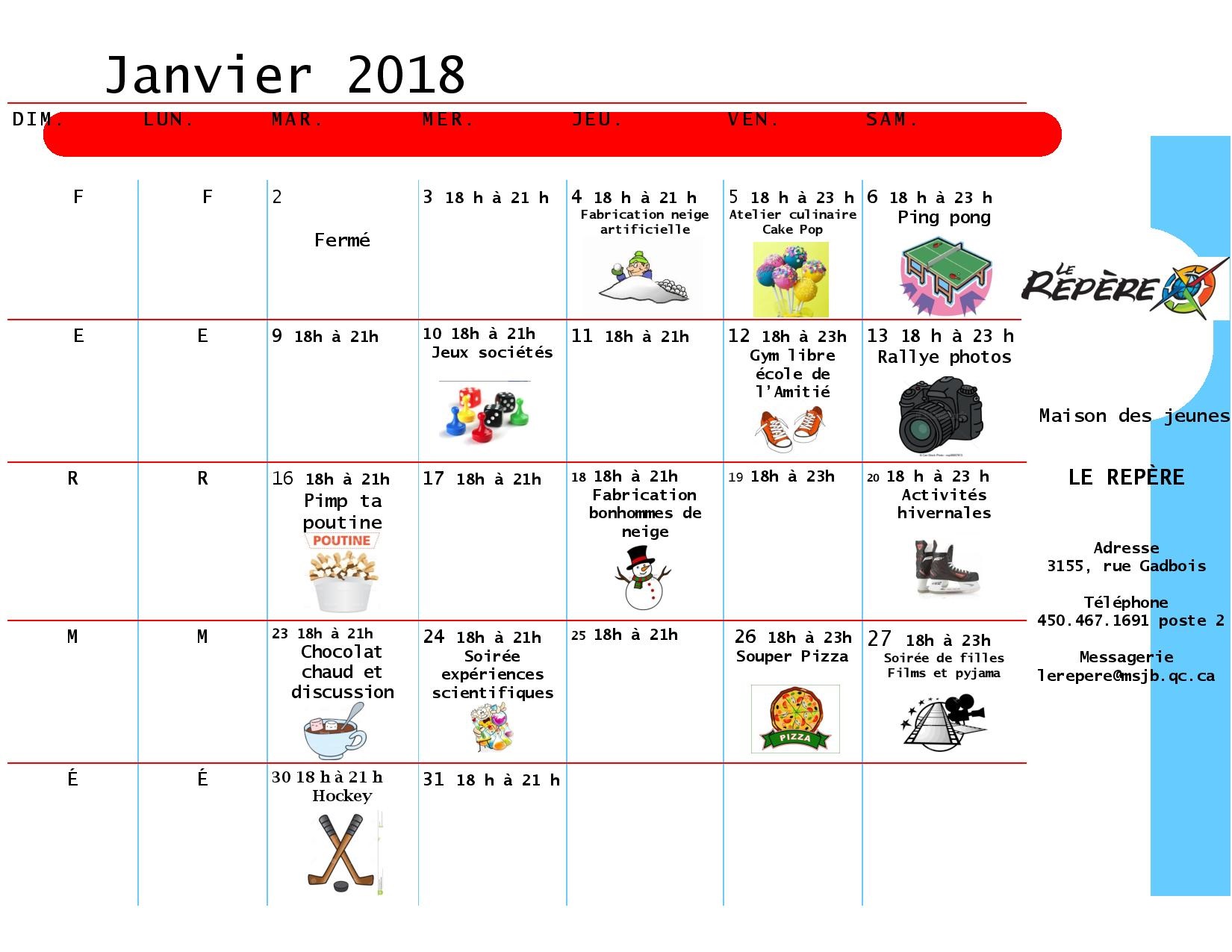 calendrier janvier mdj 2018