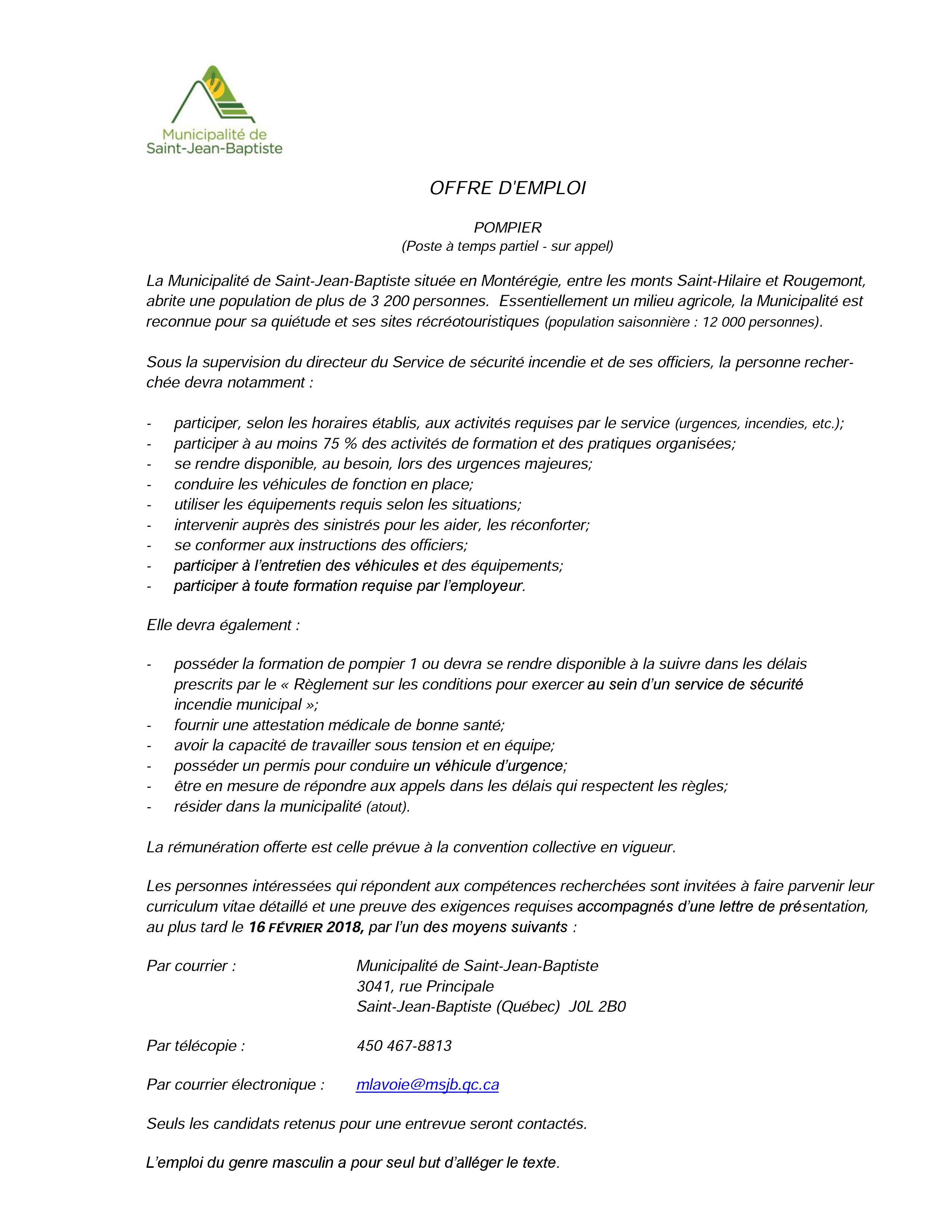 offre d'emploi pompier
