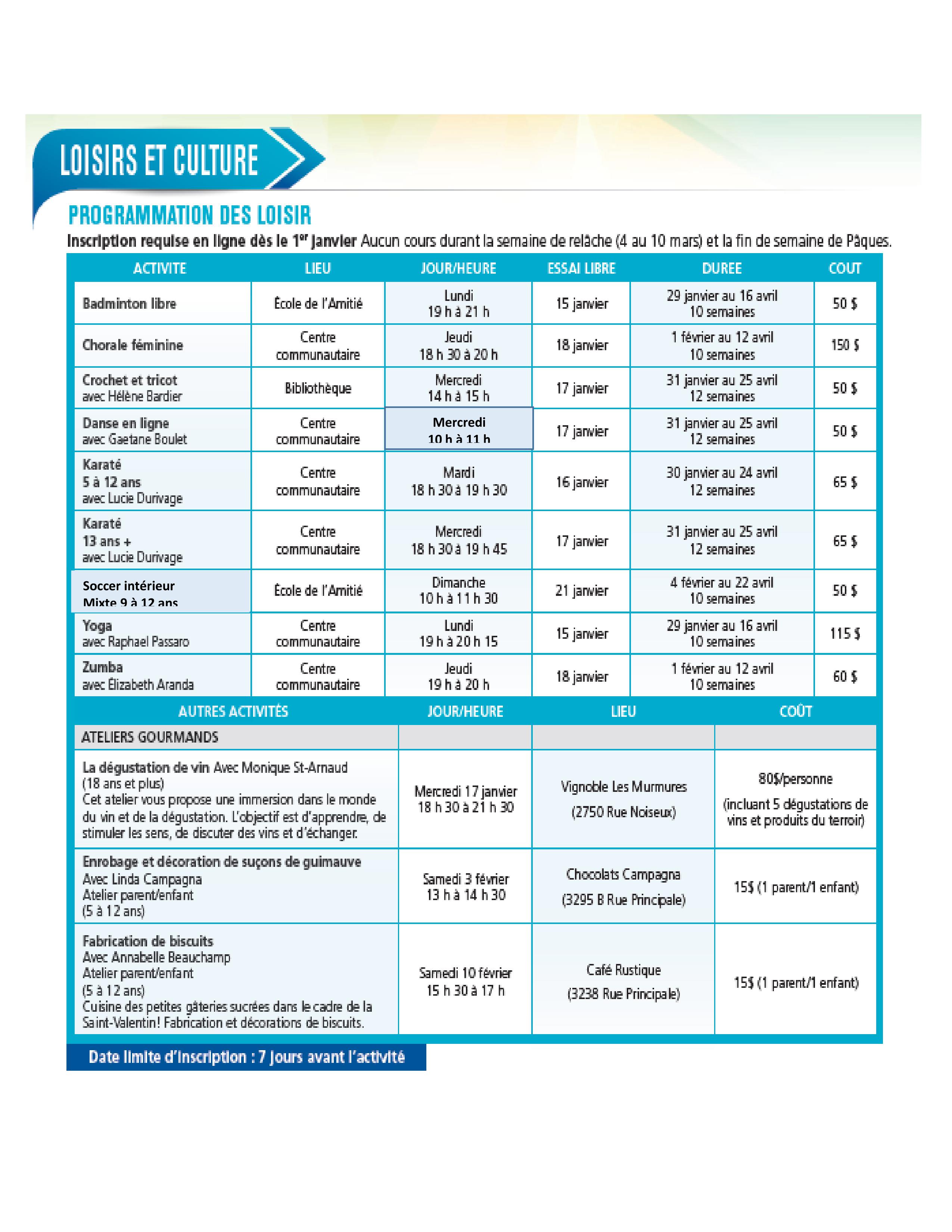 programmation de loisirs